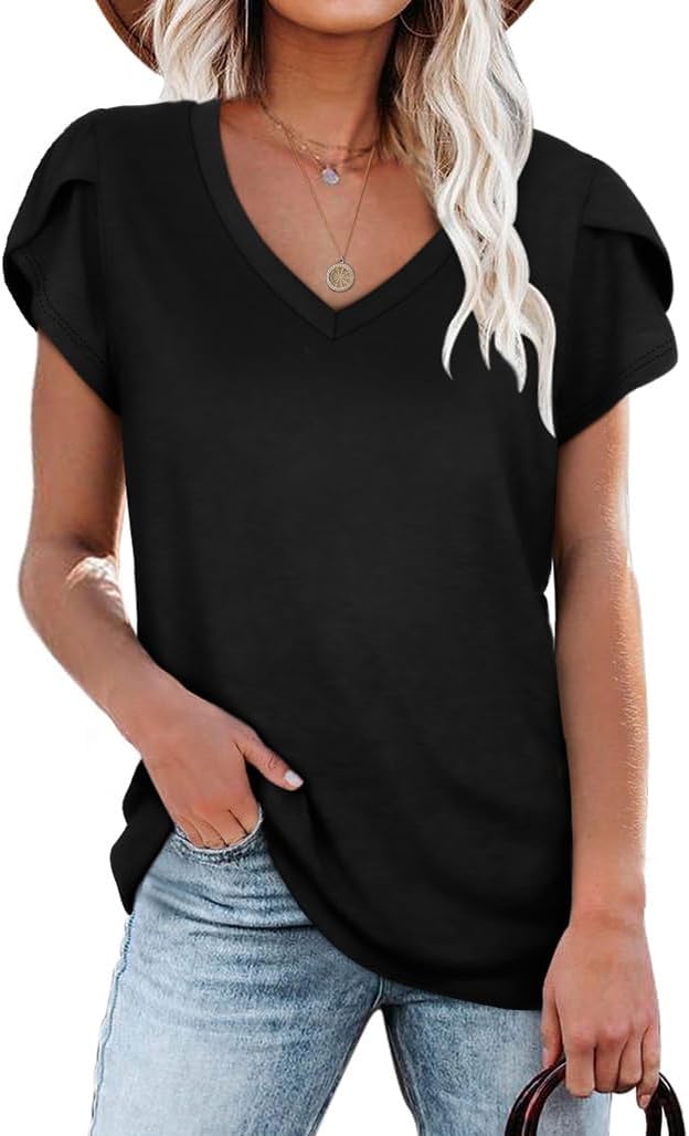 WIHOLL Womens Tops V Neck Summer Petal Sleeve Casual Tshirts - Image 2