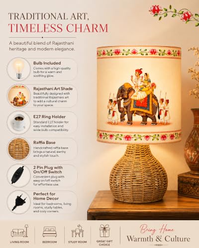 Image of Homesake Handwoven Rattan Table Lamp with Rajasthani Art Printed Fabric Shade, Decorative Raffia Spinning Bedside Lamp, Boho Table Lamp with E27 Holder, Living Room, Bedroom & Home Decor