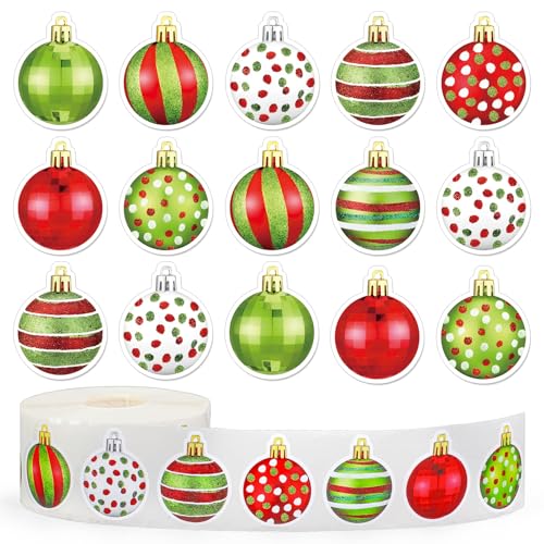 Whaline 1000 Pcs Christmas Ball Stickers Roll Red Green Ball Ornament Self-Adhesive Decals for Xmas Winter Holiday Scrapbook Journal Envelope Decor 8 Designs