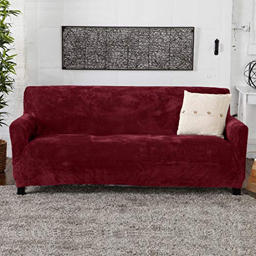 Velvet Plush Stretch Sofa Slipcover. Velvet Sofa Couch Furniture Protector, Soft Anti-Slip, High Stretch For 3 Seat Sofa. (Sofa- 3 Seater, Zinfandel Red) #TOP6
