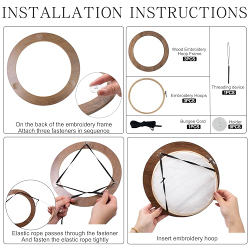 Image of 3 Sets Solid Wood Embroidery Frames with Bamboo Hoops, 8 Inch Round Embroidery Display Frame Set for Finished Cross Stitch and DIY Art Craft Sewing Ornaments