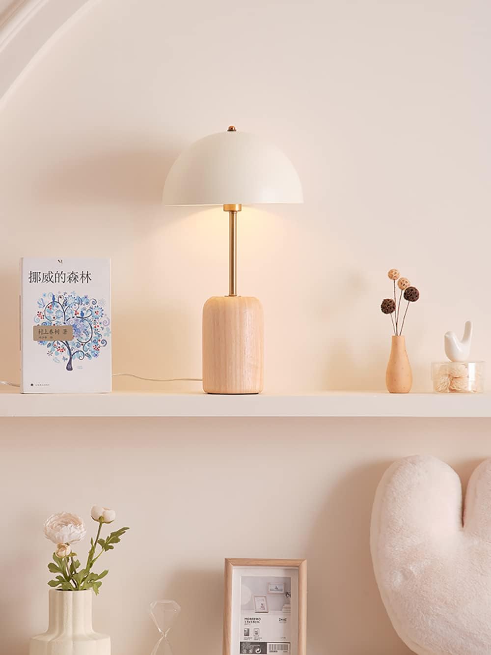 Mid Century Modern Table Lamp, White, Wood, Dome, 9.8'' x 17.7'', for Living Room, Bedroom, Study Office