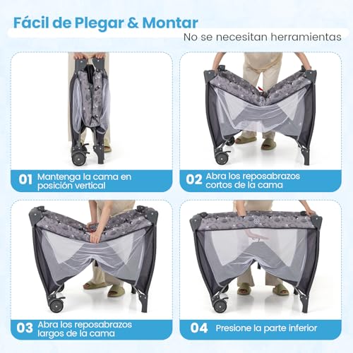 COSTWAY Cuna de Viaje para Bebé 4 en 1, Parque Plegable Portátil con Cambiador, Dosel y Red, Caja de Música, Colchón y Bolsa de Transporte para Bebés (Gris Claro) - imagen 9