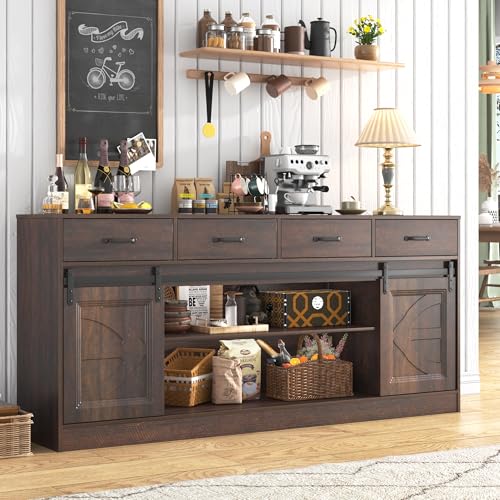 chartustriable 70” Large Long Buffet Sideboard Cabinet w/4 Drawer,Farmhouse Buffet Storage Cabinet,Buffet Coffee Bar Cabinet, Credenza for Living Room, Brown