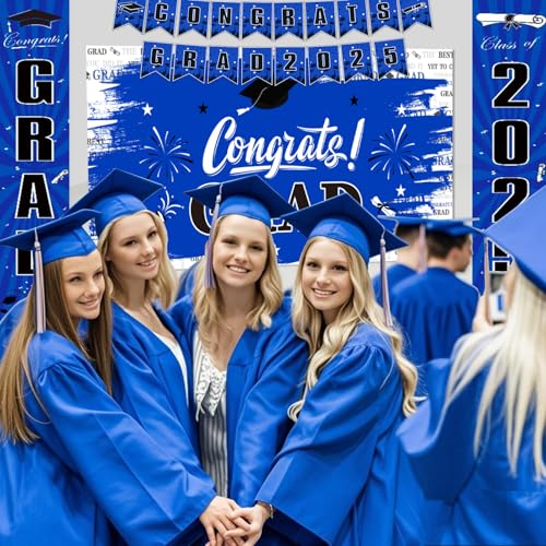 Image of Blue Graduation Decorations 2025, Grad Party Decorations, Class of 2025 Backdrop, Banner, Balloons and Porch Sign for High School & College Celebrations