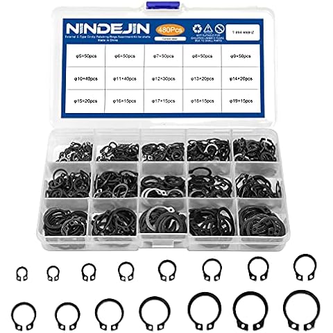 NINDEJIN 480PCS Snap Ring Assortment Set, Carbon Steel External Circlip Snap Retaining Clip Rings Kit, 5-19mm (15Sizes) C-Clips Circlip Rings for Axles, Shafts and Other Moving Parts Cover