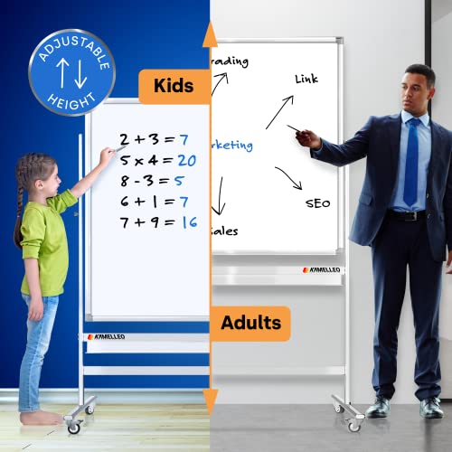 Mobile Whiteboard - 96x46 Large Height Adjust 360° Rolling Double Sided Dry Erase Board, Magnetic White Board on Wheels, Office Classroom Portable Easel with Stand, Flip Chart Holders and Pad | White - Thumbnail 4