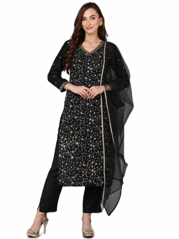 Vaamsi Women’s Silk Blend Floral Embroidered Straight Kurta Pant With Dupatta With Cotton Inner