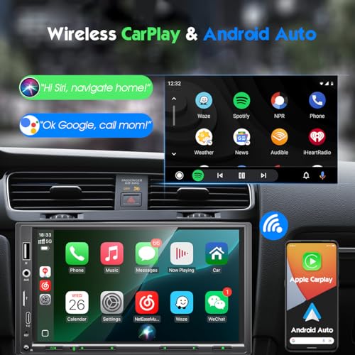 Upgraded Double Din Car Stereo with Wireless Apple CarPlay & Android Auto, 7\'\' LCD Touchscreen | 12LED Auto Backup Camera | Bluetooth 5.3 | Phone Mirror-Link | AM/FM/RDS Radio | 240W Powerful Sound - Thumbnail 2