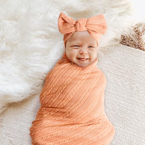 Image of DRESHOW BQUBO Newborn Receiving Blanket Toddler Warm for Girls with Bow Hat and Bow Headband Shower Gift