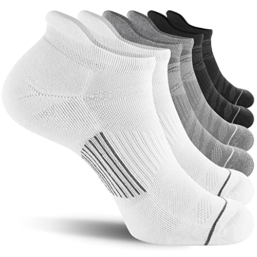 Fitrell 6 Pack Ankle Running Socks For Men And Women Low Cut Cushioned No Show Athletic Sports Compression Socks, Shoe Size 9-12, Black+White+Grey Mixed #TOP5