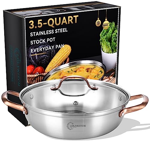 LOLYKITCH 11 Inch Tri-Ply Stainless Steel Sauté Pan with Lid,3.5 QT Everyday Pan,Kadhai,Induction...