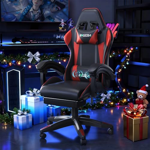 bigzzia Gaming chair with massage function, ergonomic gamer chair with footrest, headrest, lumbar cushion, height adjustment, tilt 90°-155°, gaming chair for gaming, work, relaxation (Red) - Image 3