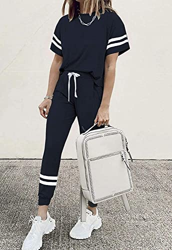 Image of PRETTYGARDEN Women's Two Piece Outfits Striped Short Sleeve Pullover and Long Pants Tracksuit Pajama Lounge Jogger Sets