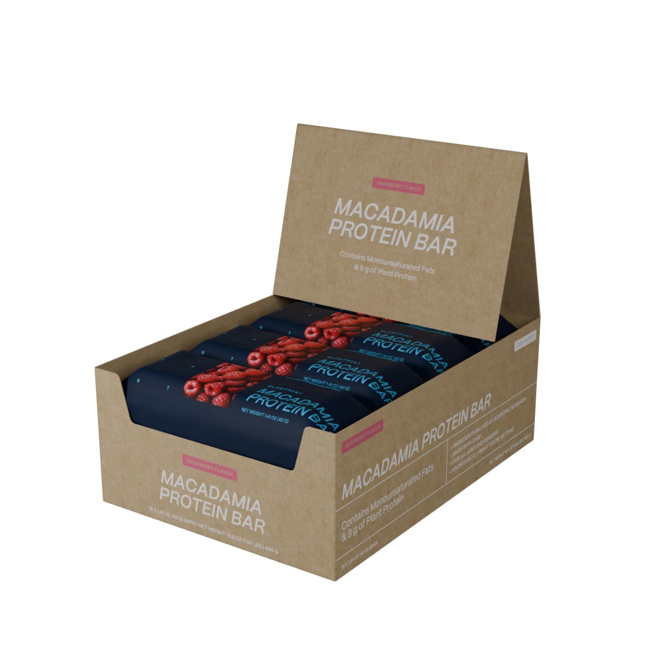 Macadamia Nut Protein Bar - 9G Plant Protein - Healthy Fats - Supports Muscle Growth - Low Carb & Sugar - Natural Ingredients - Vegan Keto Snack (Raspberry - 12 Pack)