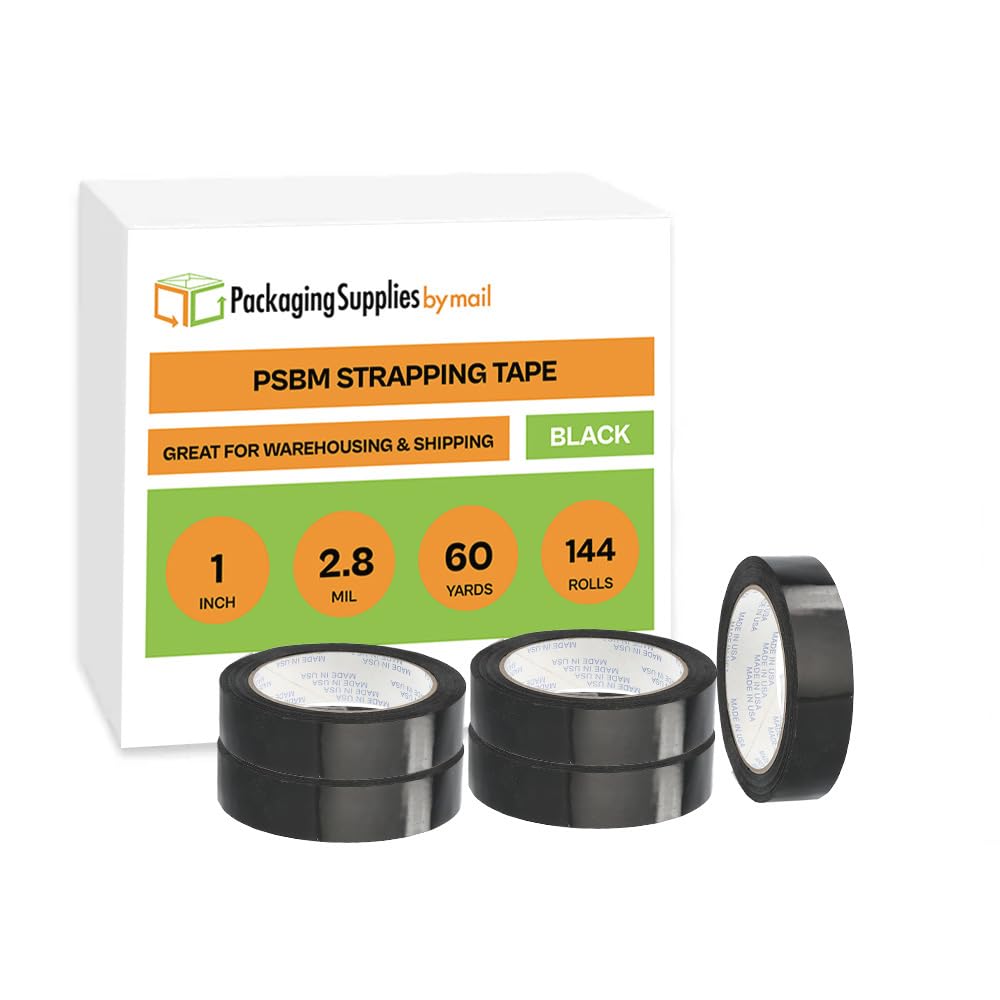 PackagingSuppliesByMail PSBM Strapping Tape, 1 Inch x 60 Yards, 144 Pack, Black, Poly Tape for Bundling Palletizing Reinforcing