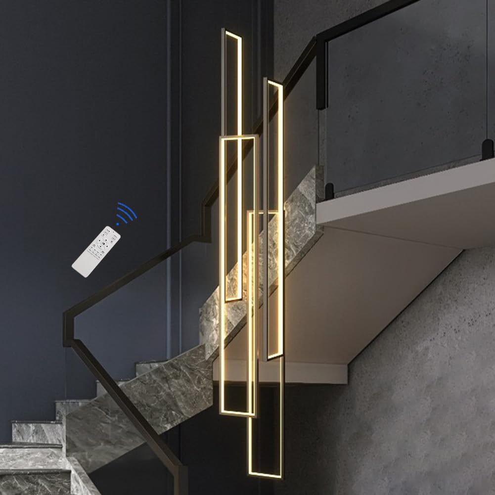 Sedtonmu Modern LED Pendant Light Dimmable Living Room Lamp Black Aluminum Staircase Chandelier Height Adjustable Bedroom Hanging Light For Villa Staircase Dining Room Pendant Lamp,4 lights