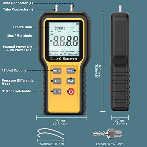 Diferenční tlakoměr Manometr, měřič tlaku plynu, duální port, profesionální měřič tlaku, 12 volitelných jednotek, diferenciální měřič tlaku s baterií a podsvícením, HVAC