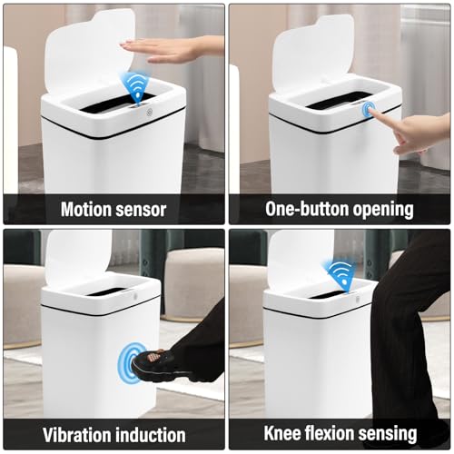 Image of 4 Gallon Touchless Motion Sensor Garbage Can, Bathroom Trash Can with Lid, Small Automatic Trash Can,IPX5 Waterproof,White Plastic WasteBaskets for Bathroom, Bedroom, Toilet, Office, RV