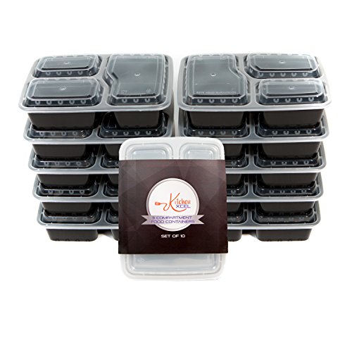 MEAL PREP CONTAINER 3 Compartment Portion Control Bento Lunch Box Set of 10 with Lids BPA free Stackable Reusable Dishwasher Microwave and Freezer safe Food Storage Container