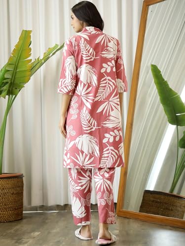 Image of Women's Printed Nightsuit Pajama with Top with Long Gown Lightweight Soft & Comfy Sleepwear for Girls & Women