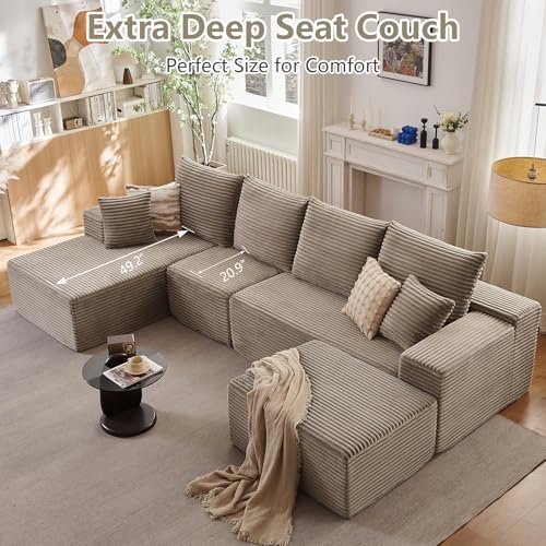 Image of Lakifun 135 inch L-Shape Sofa with Ottoman, Modern Modular Sectional Comfy U-Shape Cloud Couch, Deep Seat, Upholstered Corduroy Sleeper Chaise Longue for Living Room Bedroom, No Assembly Required, Camel