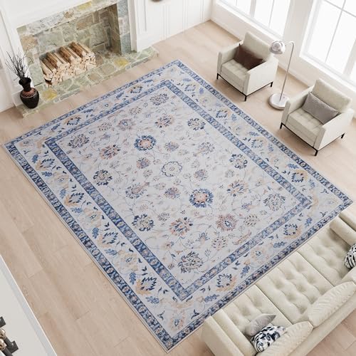 Belffin Boho Area Rugs 4x6 Washable Living Room Moroccan Rug, Thin Towelling Area Rugs, Soft No-Slip Foldable Indoor Carpet for Bedroom, Dining Room, Kitchen, Blue