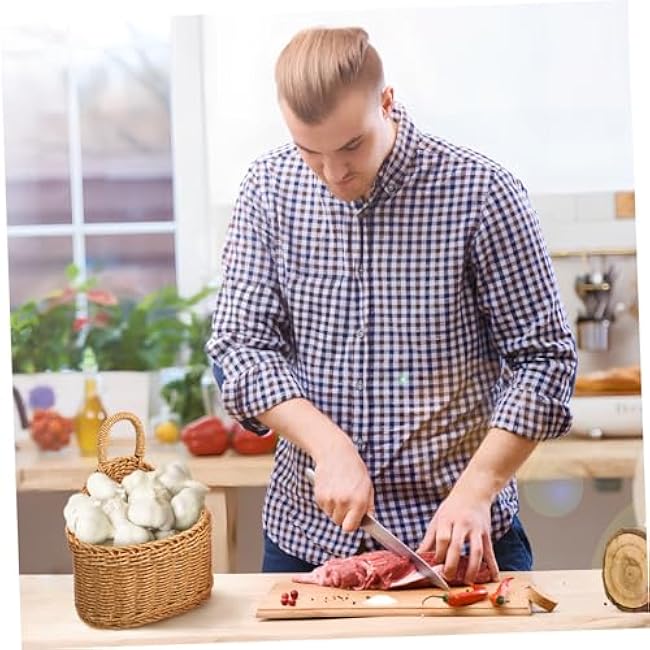 Ciieeo Small Woven Storage Basket Kitchen Hanging Basket Rattan Garlic Holder