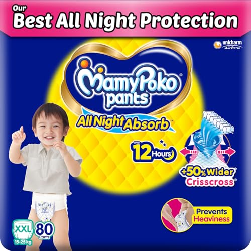 Image of MamyPoko pants All Night Absorb|Pant Style Baby Diapers XX- Large Size(XXL),40 Count (Pack of 2),For 15-25Kgs|+50% wider And repeated absorption For all night 12hr protection From leakage,prevents heaviness