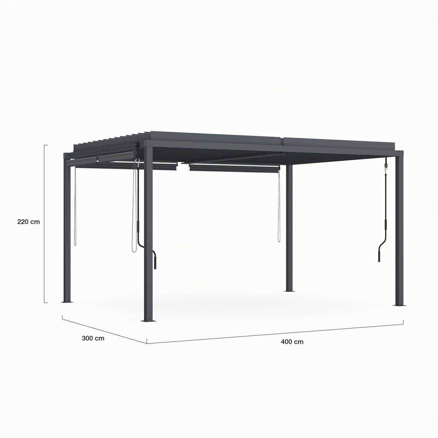 Pérgola bioclimática con lamas orientables de acero de 3x4 m y 4 toldos gris antracita