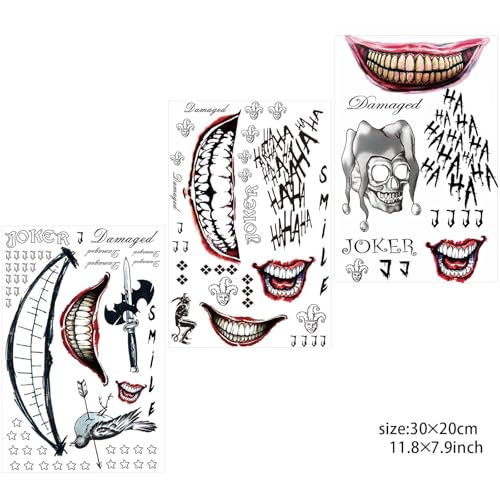 Image of Zeecdatoo 34 Sheets Halloween Temporary Tattoos, Joker Tattoos Halloween Cosplay Costumes and Party Accessories, Halloween Zombie Fake Scars Tattoos(Large Size)
