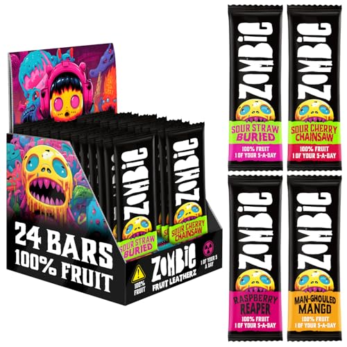 Zombie Fruit Bars Variety Box (24 Bars 4 Flavours - 2 Sweet 2 Sours) 100% Dried Fruit Healthy Snacks for Adults Kids Low Calorie Gluten Free Vegan Halal Bulk Real Fruit No Added Sugar