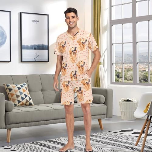 Men's Pajama Set Golden Retriever Dog Hearts Short Sleeve with Shorts Pockets Sleepwear Set Summer Loungewear4