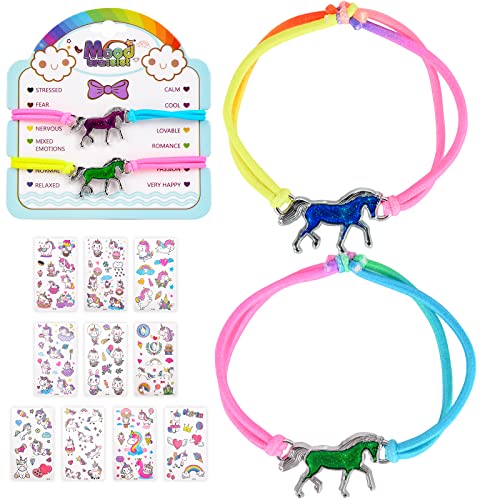 Colmanda 2 Bracelet d'humeur pour enfant, Bracelet d'ambiance + Autocollant, Bracelet Change de Couleur avec pendentif cheval, Bracelets pour Enfants Arc-en-ciel Cadeau pour fille (Chevaux) Cover
