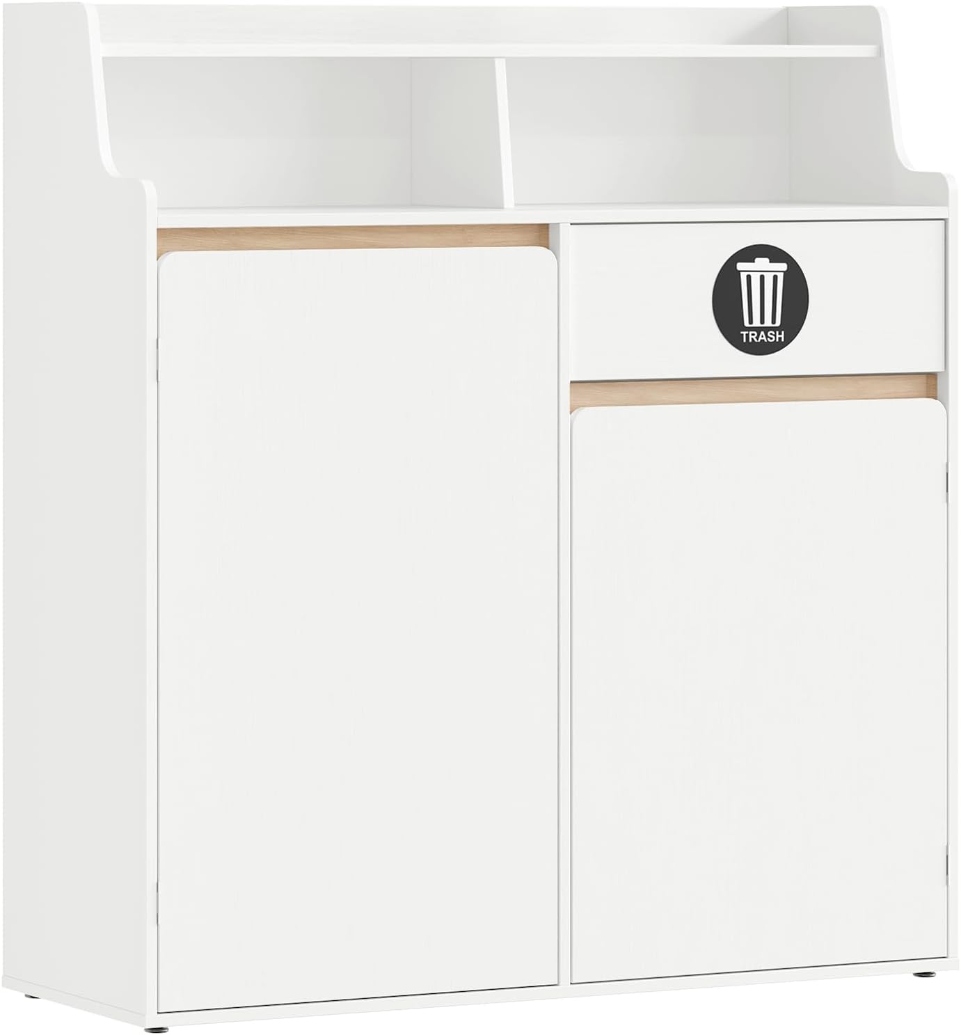 HOOBRO Double Trash Cabinet, 20 Gallon Trash Storage Kitchen Trash Can Cabinet, Removable Shelf & Anti-Tip Kit, Hidden Trash Storage with Open Compartments,White and Natural WN05LJ01