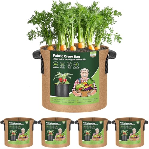 T4U 5-Pack 5 Gallon Fabric Plant Grow Bags, Heavy Duty Smart Growing Bag with Handle, Thickened Breathable Nonwoven Growbag Planter Container for Potato Tomato Chili Strawberry Vegetable Seed Outdoor