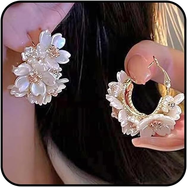 14K Gold Plated Acrylic Flower Hoop Earrings for Women,Statement Floral Cluster Dangly Huggie Earrings,Delicate Birthday Prom Jewelry Gifts