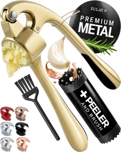 Zulay Kitchen Premium Garlic Press 3 Piece Set Large Gold