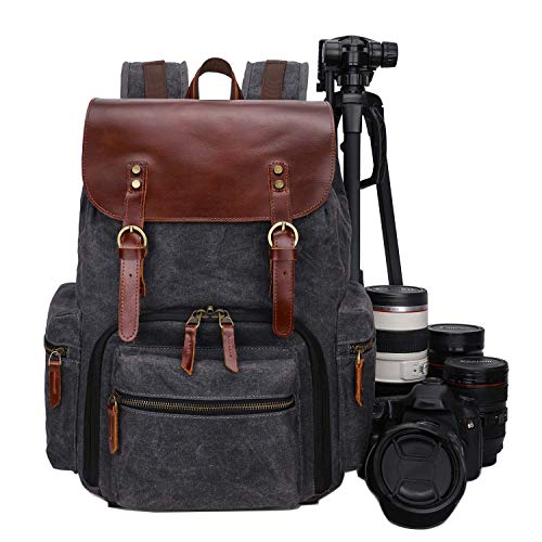 Wasserdicht Groß Kamerarucksack für Spiegelreflex, Stativ, 15 Zoll Laptop Fotorucksack aus Canvas Leder Vintage Rucksack (Dunkelgrau)