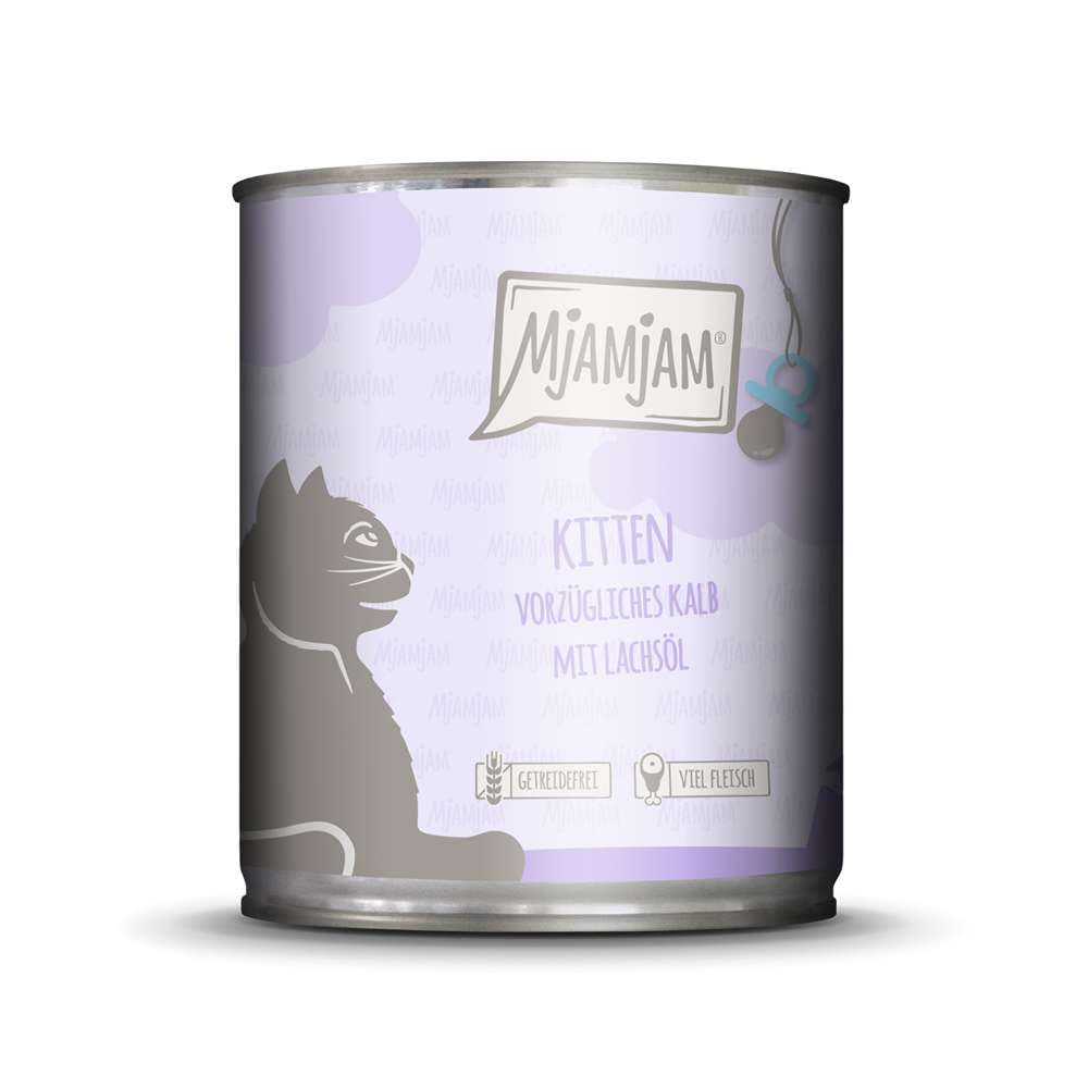 MjAMjAM - premium wet food for cats - kitten excellent calf with salmon oil, pack of 6 (6 x 800 g), grain-free with extra meat