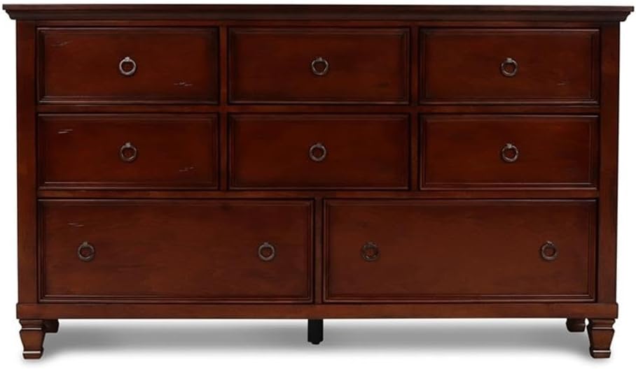 Pemberly Row Contemporary 8-Drawer Wood Dresser, Brown Cherry Finish, Poplar and Basswood Solids, Horizontal Design with Side Mounted Drawer Glides, Decorative Tapered Feet, Bedroom Storage Furniture
