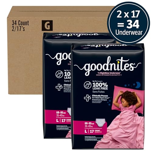Image of GoodNites Girls Nighttime Underwear, Size Large, 34 Ct, 2 Packs of 17
