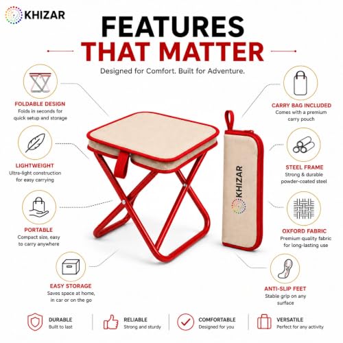 Image of KHIZAR Foldable Camping Stool with Carry Bag | Portable Folding Seat for Outdoor Travel | Heavy Duty Steel Frame | 100kg Load Capacity | Lightweight Fishing, Hiking, Trekking, Picnic, | Beige