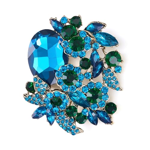 EVER FAITH Light Blue Rhinestone Crystal Costume Party Wedding Flower Leaf Vine Brooch for Women