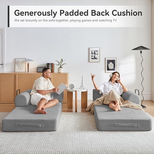 Image of Convertible Sleeper Sofa Bed, Sleeper Sofa with Pillow | Corduroy Fabric | High-Density Sponge | Fixed-Shape Frame, Modular Sofa Bed for Living Room Lounge Studio (Light Grey)