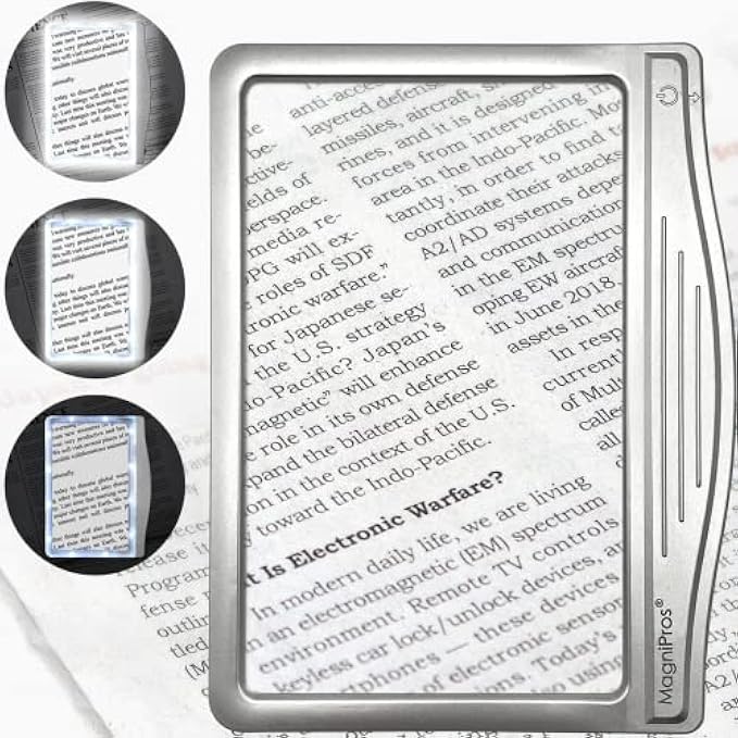 MagniPros 4X Large LED Page Magnifier with Anti-Glare Lens & Fully Dimmable Lights – Evenly Lit Viewing, Reduces Eye Strain - Perfect for Reading Small Print, Assisting Low Vision and Seniors