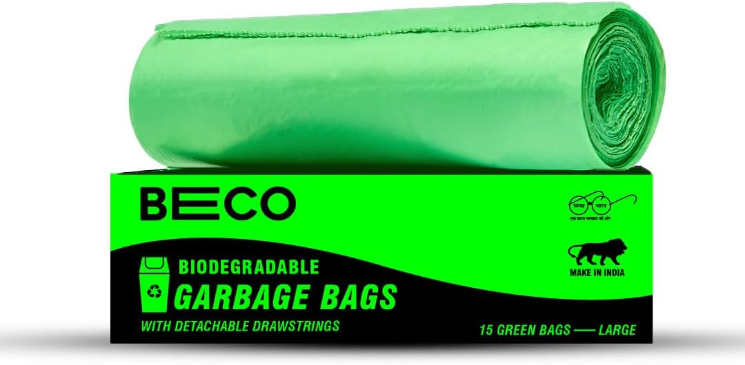 Eco-Friendly Garbage Bags | 15 Pcs | Large- 24 x 32 Inches | 15 Bags x 1 Rolls | Green | Dustbin/Trash Bags with Detachable Drawstrings | For Dry & Wet waste