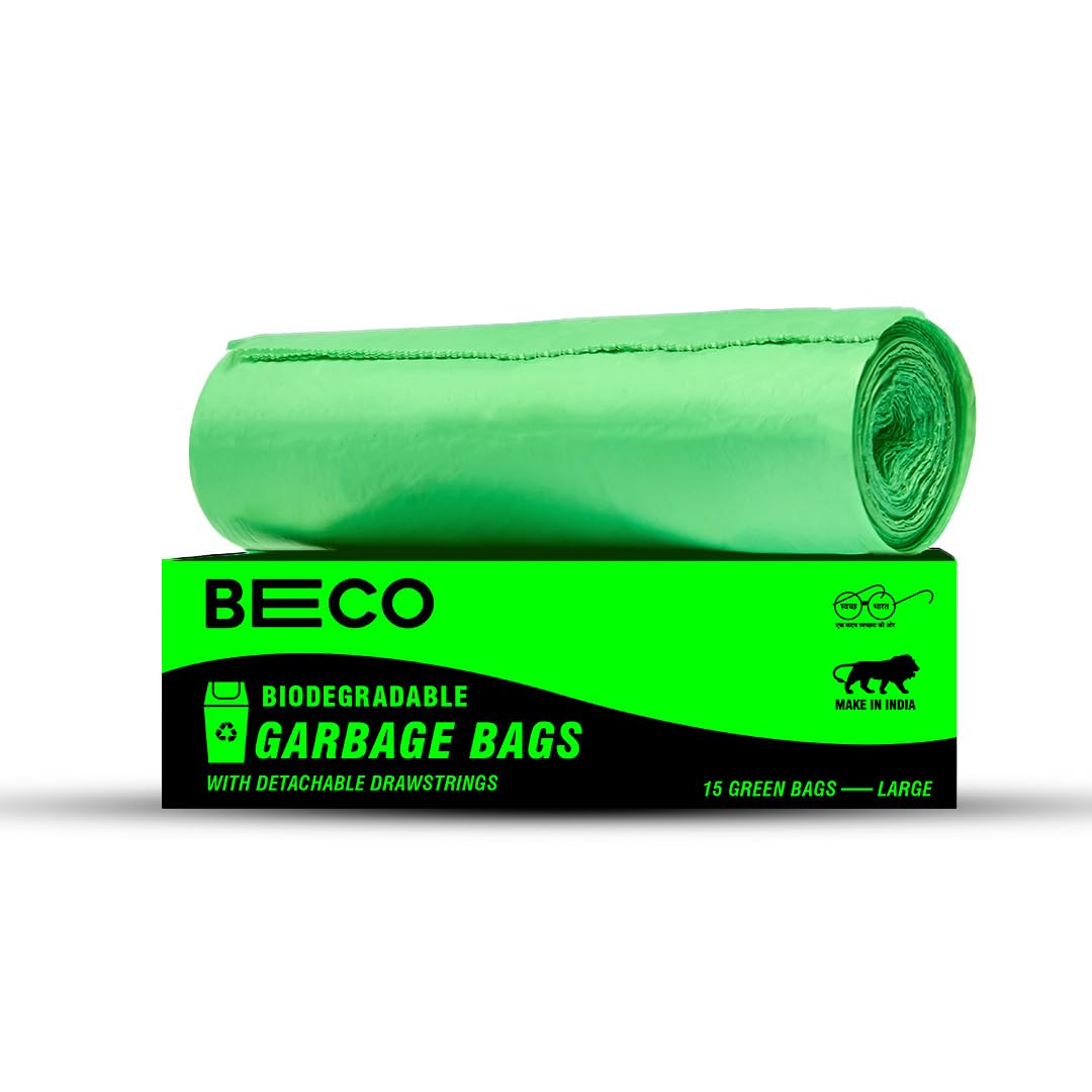 Beco Eco-Friendly Garbage Bags | 15 Pcs | Large- 24 x 32 Inches | 15 Bags x 1 Rolls | Green | Dustbin/Trash Bags with Detachable Drawstrings | For Dry & Wet waste