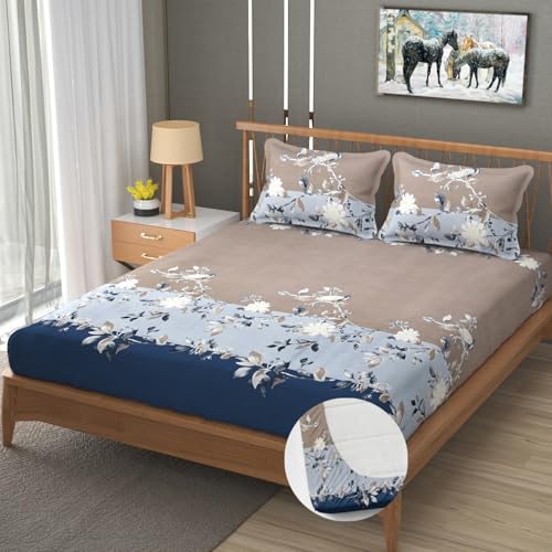 Image of Vram Premium Heavy Cotton Elastic Fitted Bedsheets with 2 King Size Pillow Covers | Diwan Bed with All Around Elastic 350 TC | 48 x 78 x 8 Inch Diwan Size Fitted | :- Blue Tricolor