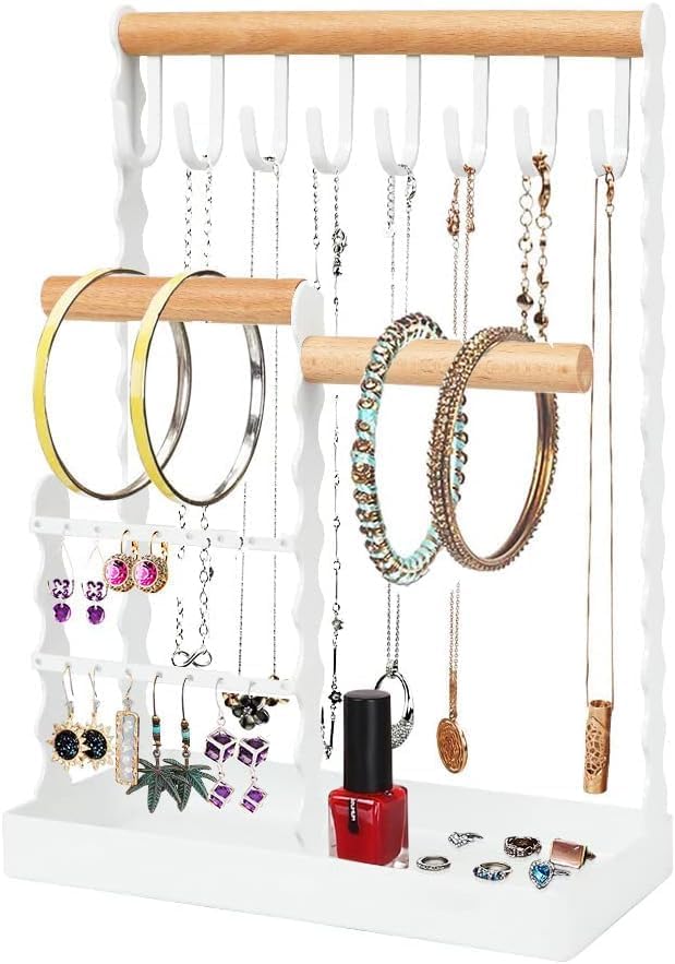 Arbre à Bijoux En Bois – Support Pour Boucles D’oreilles, Colliers, Bracelets – Plateau à Bagues – Déco Salon
